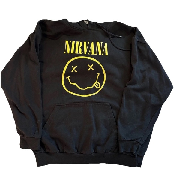 NIRVANA‎ Adult Black Smiley Face Hoodie Sweatshirt 90’s Grunge Rock Band Large - Picture 1 of 4